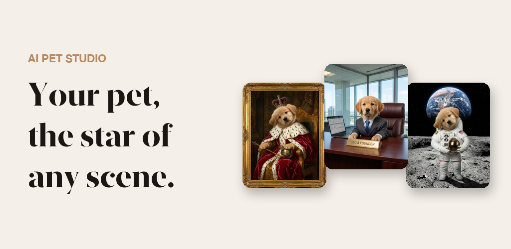 A golden retriever created with newppearance Pet mode as a royal portrait, a CEO and an astronaut on the Moon